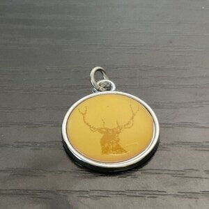 Round Silver & Amber Colored Deer Pendant Necklace Charm 0.94 Inches